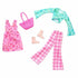 Barbie Springtime Clothes set featuring a pink floral dress, turquoise crop top with printed sleeves, pink checkered pants, pink boots, and a bright woven-style pink handbag accessory.