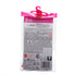 Back view of Barbie tourist accessory pack packaging with safety warnings, recycling symbols, and product details printed beneath pink hanger top.