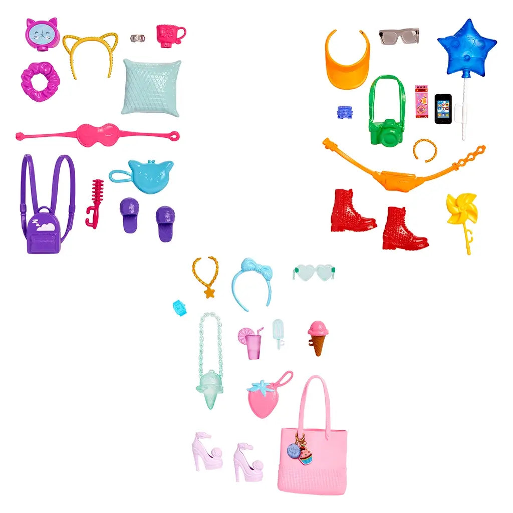 Barbie tourist accessory assortment combining purple, pink, orange, and pastel pieces including shoes, headbands, sunglasses, and handbags, styled for mix-and-match doll play.