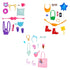 Barbie tourist accessory assortment combining purple, pink, orange, and pastel pieces including shoes, headbands, sunglasses, and handbags, styled for mix-and-match doll play.