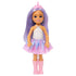 Front view of Barbie Chelsea doll with long lavender hair, pink crown headband, white top, pastel pink and blue skirt, and matching pink boots.