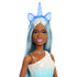 Close-up of Barbie unicorn doll’s face with pink lipstick, long pastel hair, and blue unicorn headband with translucent ears and horn.