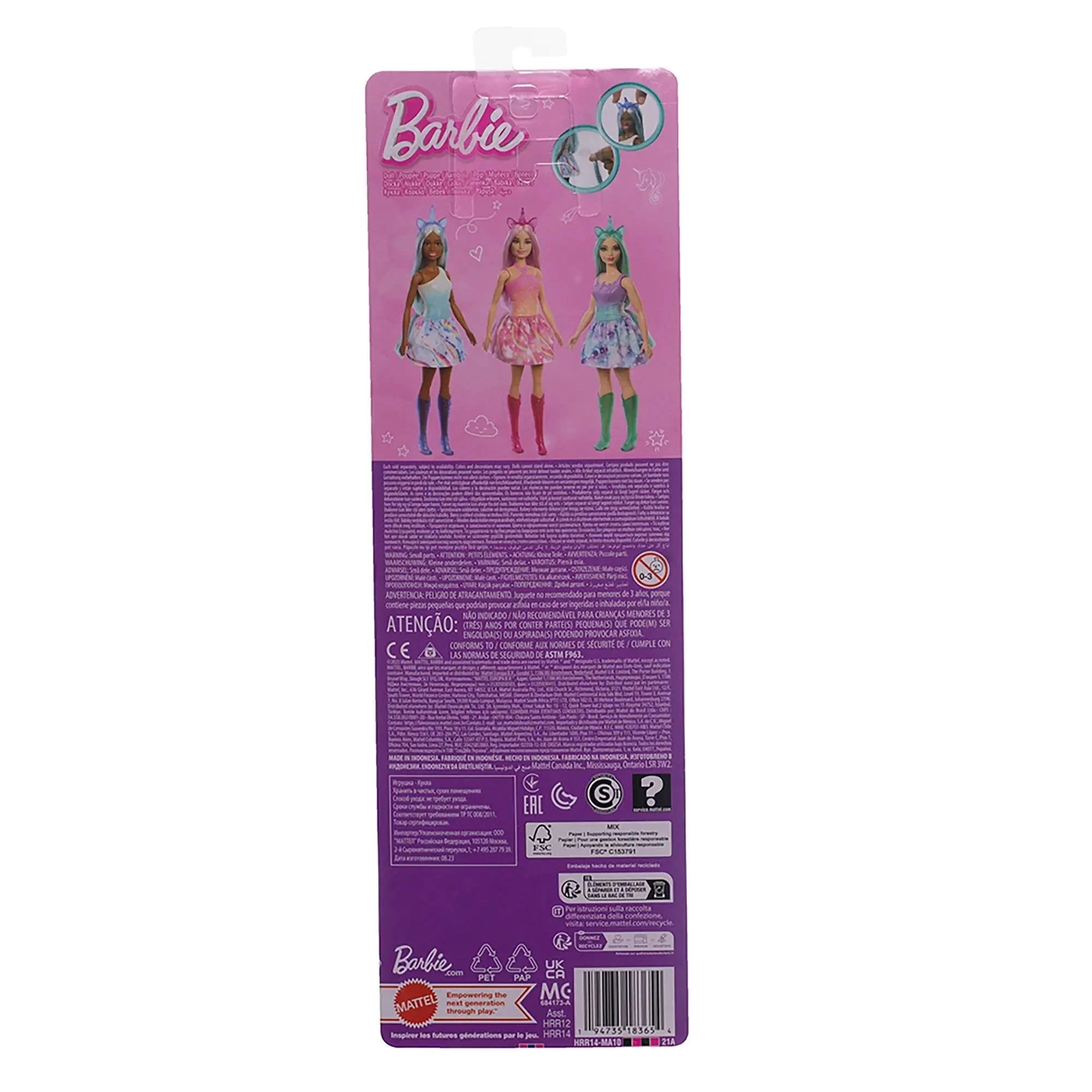 Back of Barbie unicorn-themed doll packaging showing three dolls in colorful outfits and boots, with illustrated instructions and product information.