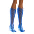 Close-up of Barbie doll's translucent blue knee-high boots with sparkly star patterns and detailed scroll designs on a white background.