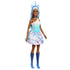 Full-body view of Barbie unicorn doll wearing a one-shoulder ombre top, rainbow skirt, translucent blue boots, and unicorn horn headband with long flowing hair.