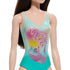 Closeup of colorful swimsuit with a flamingo design on a white background