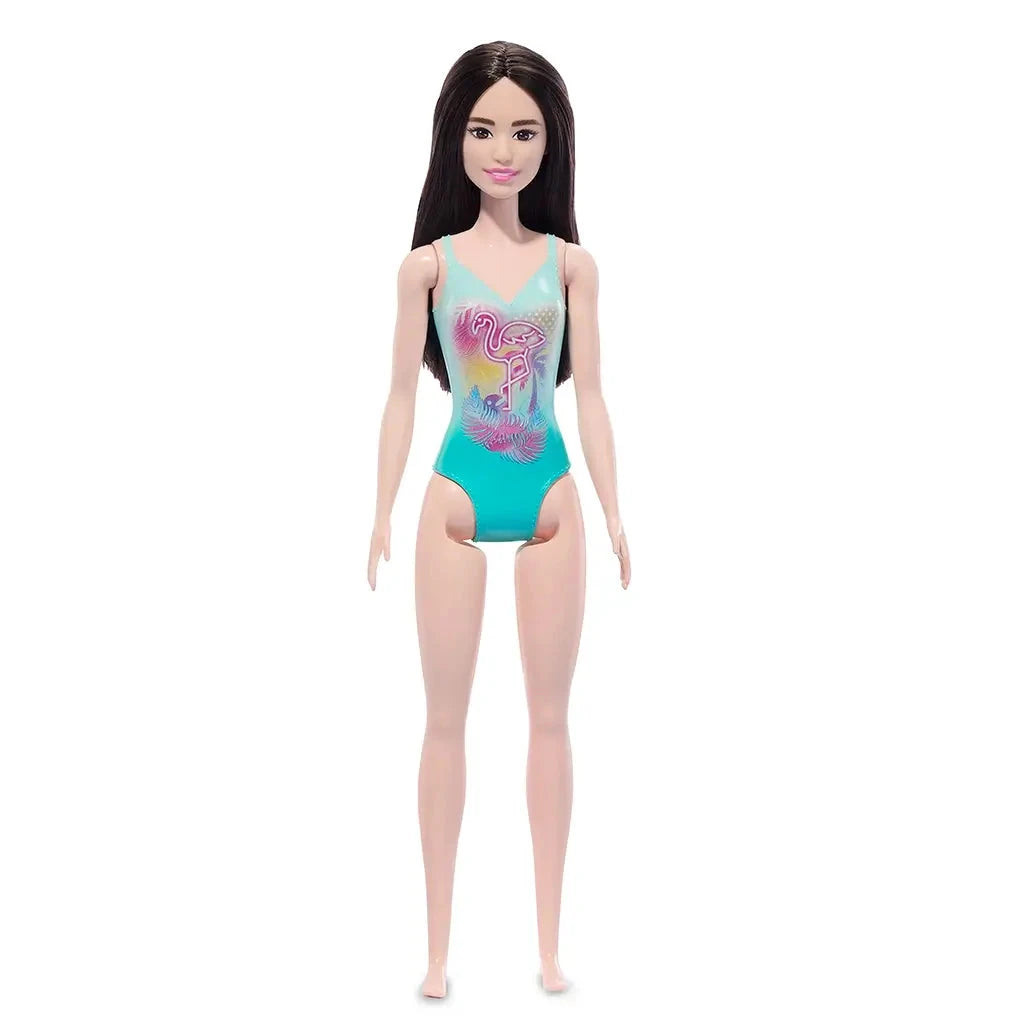 Barbie doll in a teal swimsuit with a colorful design on a white background