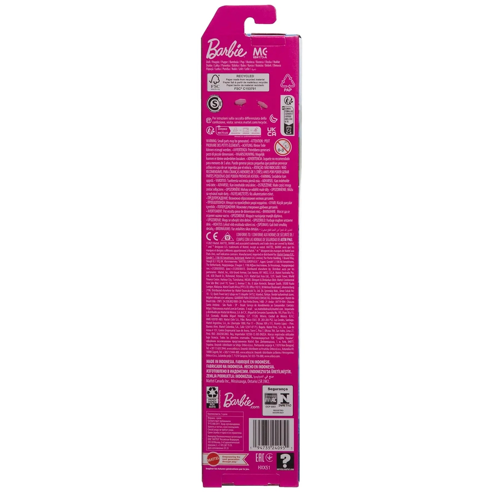 Back of Barbie pink packaging with product details on a white background