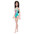Barbie doll in a teal swimsuit with floral design with a flamingo on a white background