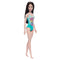 Barbie doll with dark brown hair in a colorful teal swimsuit with a flamingo on a white background