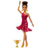 Barbie ballroom dancer doll in a sparkling fuchsia dress strikes a dance pose beside a gold trophy, accessorized with gold heels and chandelier earrings.