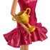 Barbie ballroom dancer doll in a glittery fuchsia one-shoulder dress holds a gold trophy with ornate handles, posed mid-dance with a flared ruffled skirt.