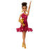 Barbie ballroom dancer doll in fuchsia one-shoulder dress raises one arm while holding a gold trophy, wearing gold heels and earrings.