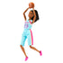 Barbie Made to Move basketball doll jumping with arms raised to shoot a basketball, wearing a blue and pink uniform with number 59 and fully articulated limbs.