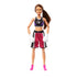 Front view of Barbie boxer doll standing upright, dressed in black sports bra, pink metallic boxing shorts with white stripes, white gloves, and pink boots.