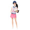 Barbie tennis doll posed standing, holding a pink racket and green ball, dressed in white sleeveless top with blue trim and pink skirt, ready for play.