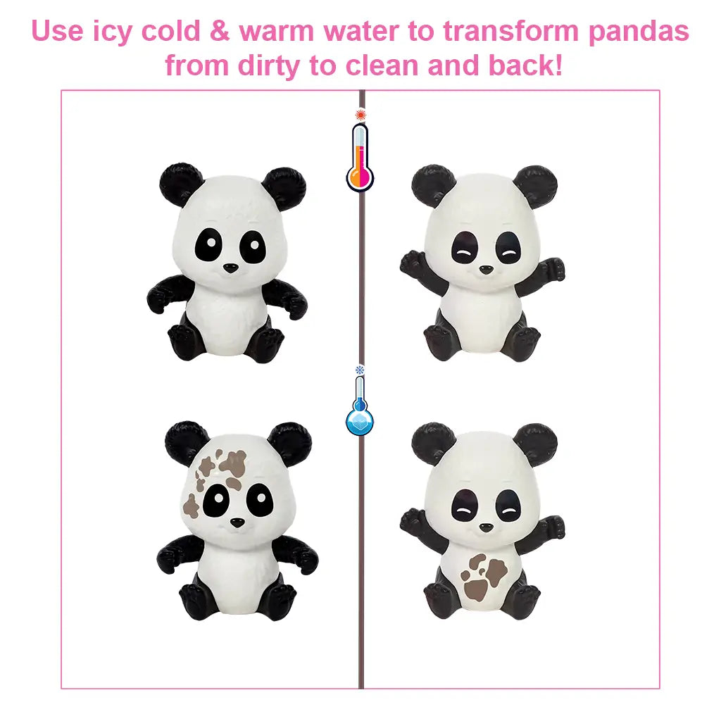 Four panda figures shown before and after transformation with cold and warm water, demonstrating the Barbie playset’s interactive feature of turning pandas from dirty to clean.