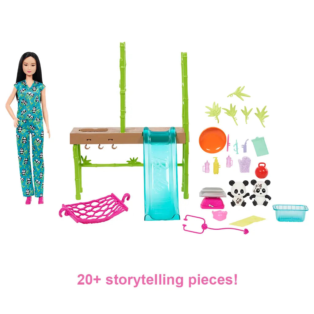 Complete Barbie panda care rescue playset with over 20 accessories including hammock, food dish, bamboo leaves, medical tools, and panda figures for creative pretend play.