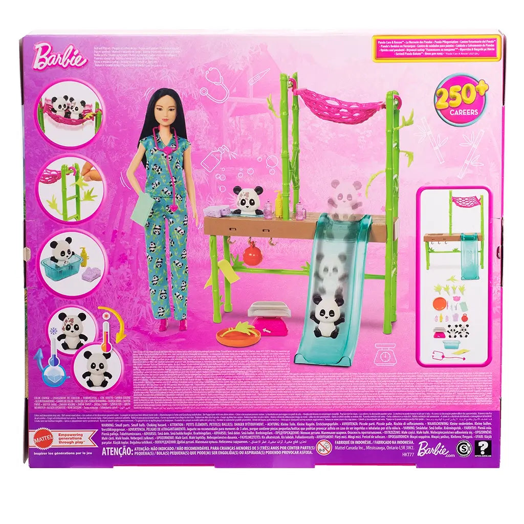 Back of Barbie panda care playset package with illustrated instructions, showing doll in scrubs, slide, hammock, panda figures, and more than 20 included accessories.