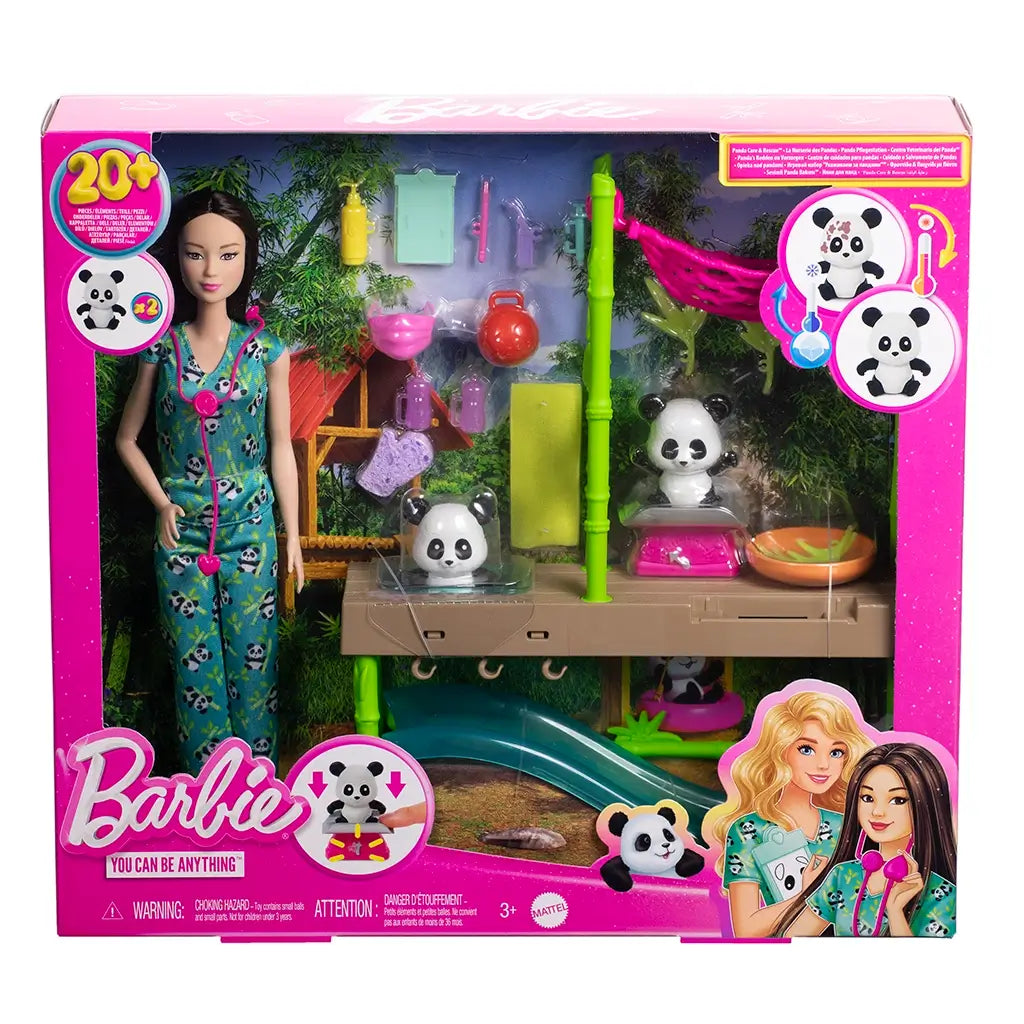 Front of Barbie panda care rescue playset packaging with doll, two panda figures, bamboo play structure, accessories, and bold Barbie branding promoting imaginative storytelling.