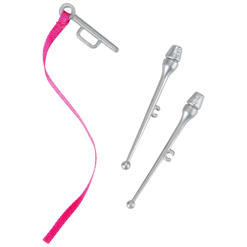Barbie rhythmic gymnast doll accessories including a bright pink ribbon wand and two metallic silver clubs designed for rhythmic gymnastics play.