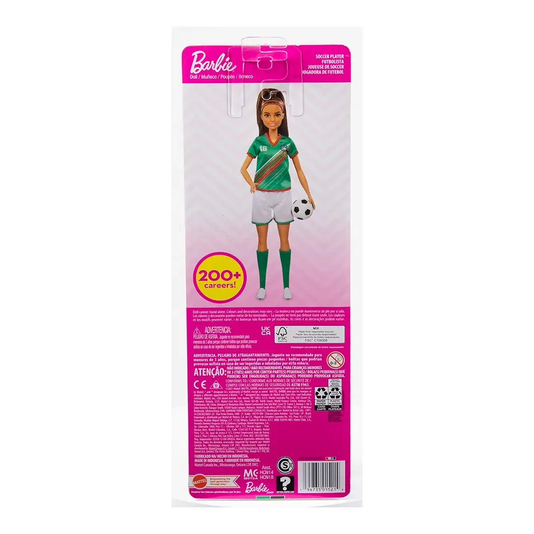 Back of Barbie "You Can Be Anything" soccer player doll packaging, showing doll in green and white soccer uniform with ball, plus career information and product details.
