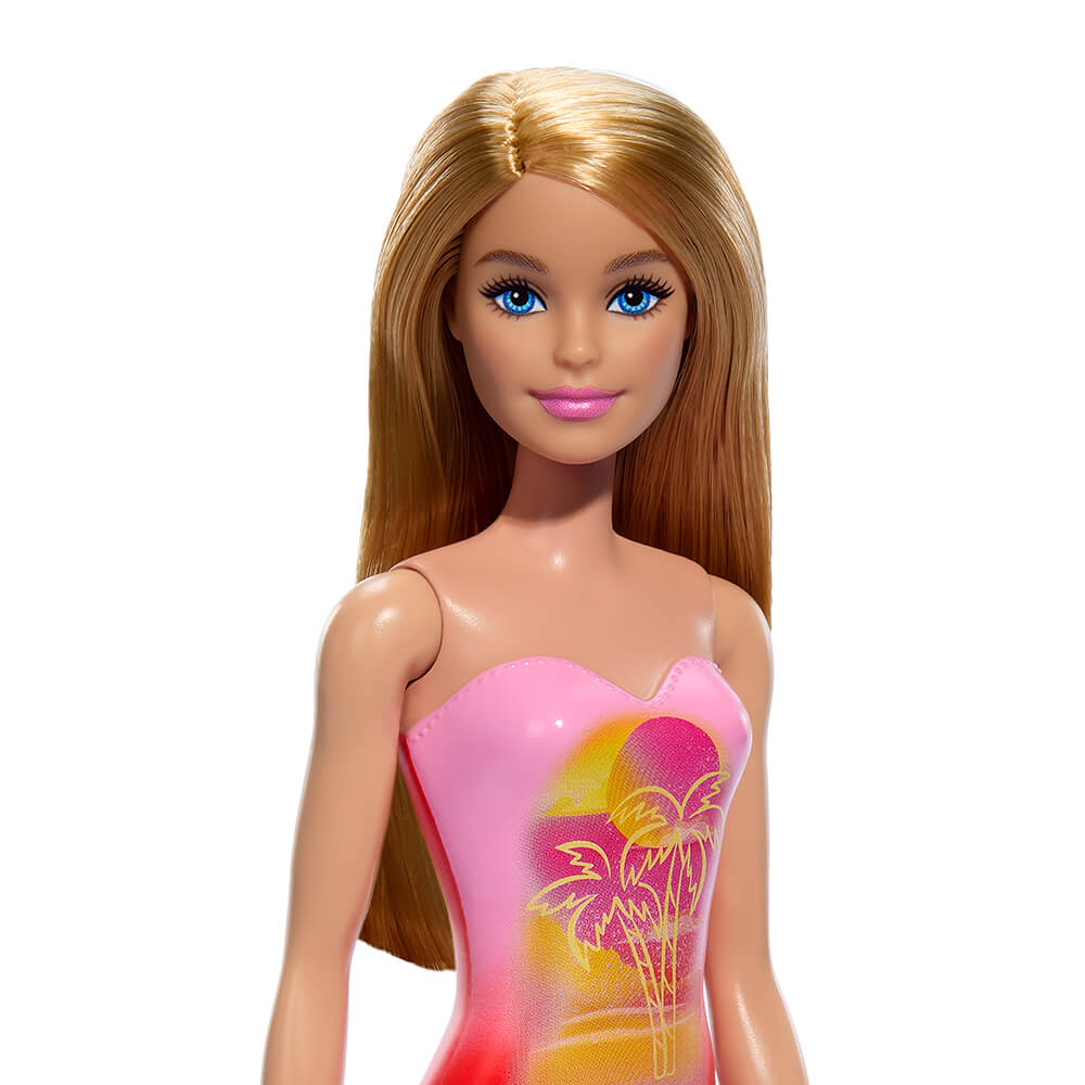 Beach Barbie Doll With Blond Hair Wearing Pink Palm Tree-Print Swimsuit