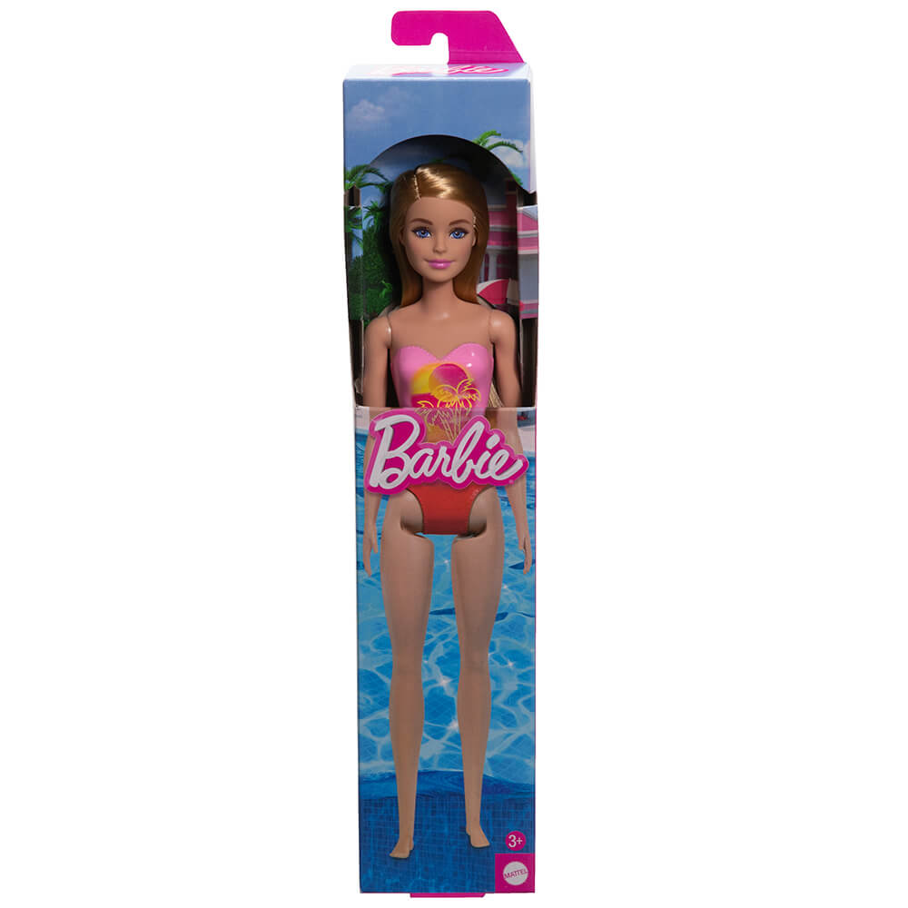 Beach Barbie Doll With Blond Hair Wearing Pink Palm Tree-Print Swimsuit