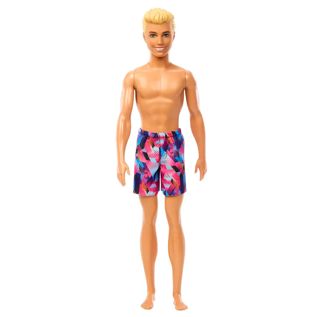 Front view of Beach Ken doll with blond hair, tan skin, and colorful swim trunks, standing barefoot.