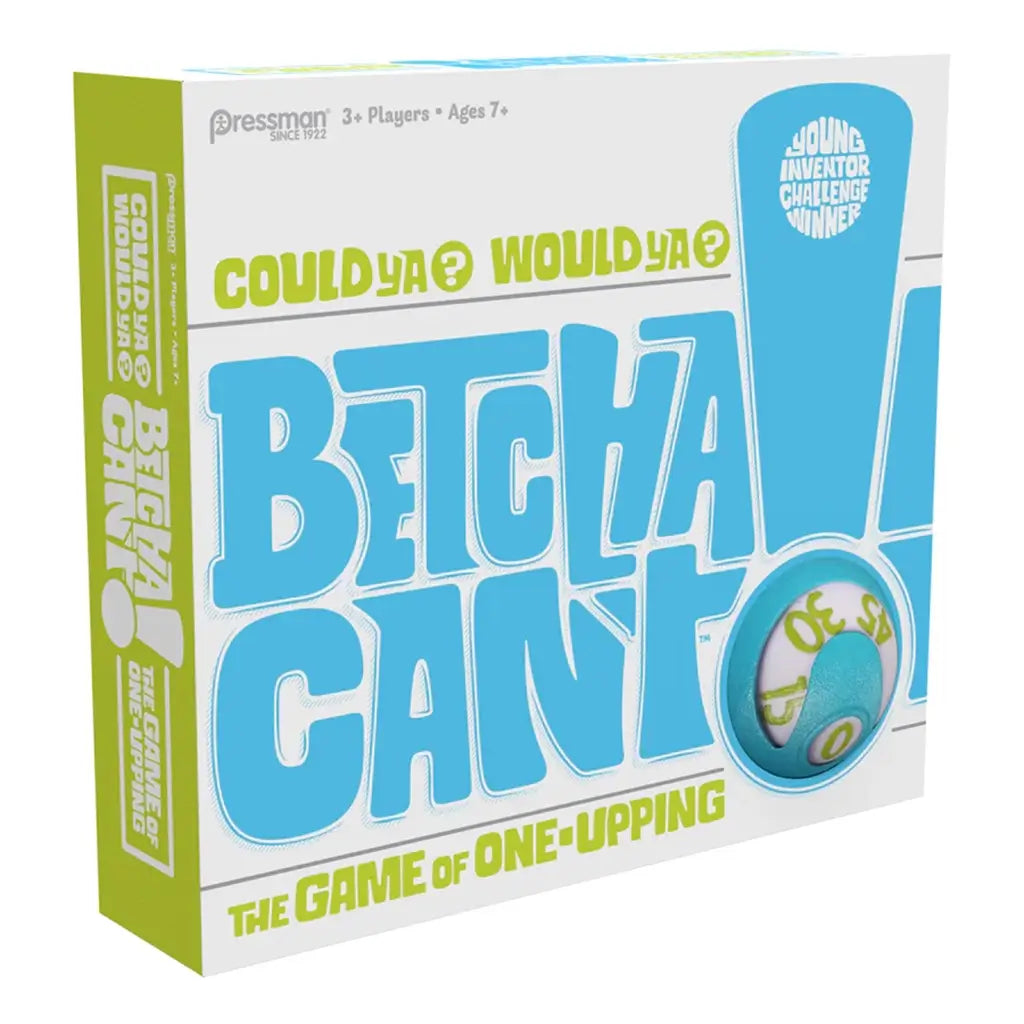 Front packaging of Pressman’s Betcha Can’t family game showing bold blue and green typography with the tagline 'The Game of One-Upping' and 'Young Inventor Challenge Winner' badge for ages 7 and up.