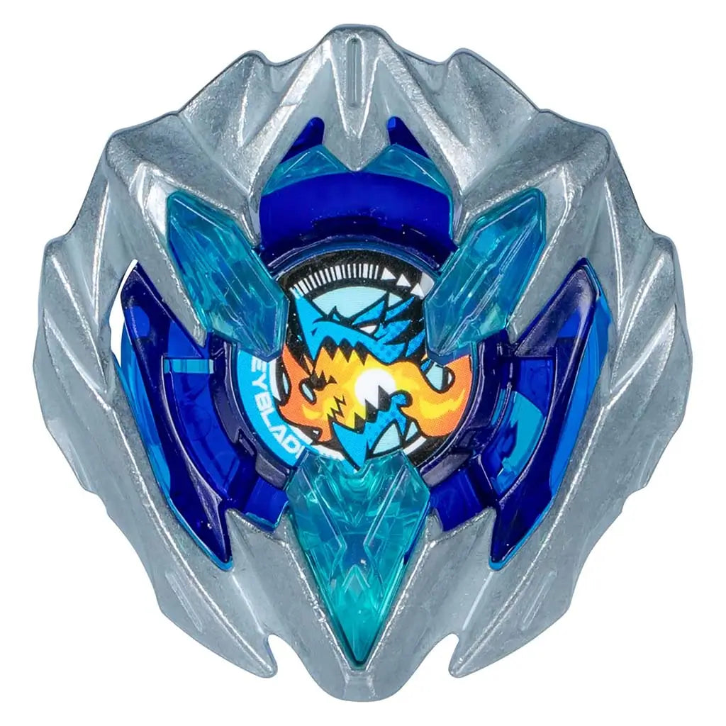 Beyblade X Buster Dran top with metallic silver blades, translucent blue armor pieces, and a fiery dragon emblem in the center, shown from above to highlight its aggressive attack-focused design.