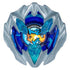 Beyblade X Buster Dran top with metallic silver blades, translucent blue armor pieces, and a fiery dragon emblem in the center, shown from above to highlight its aggressive attack-focused design.