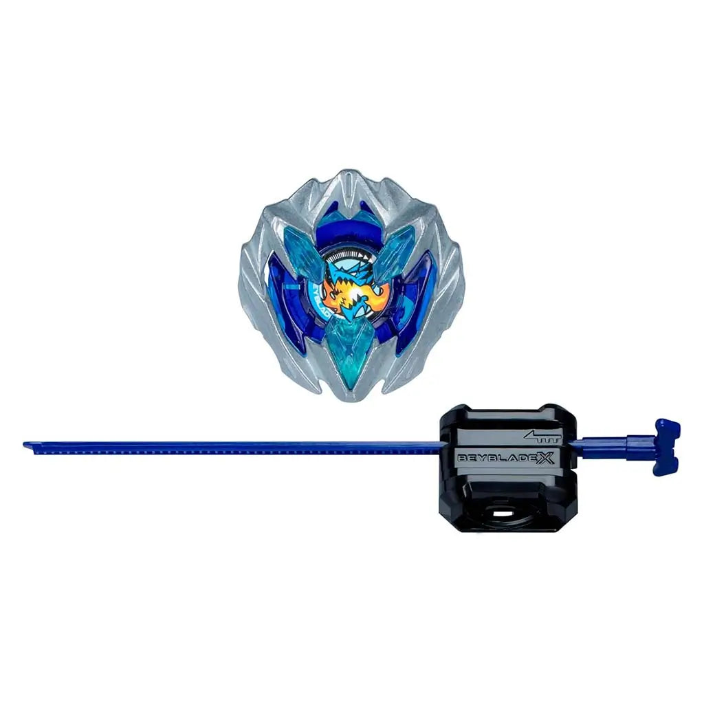 Beyblade X Buster Dran 1-60A spinning top in silver and blue plastic displayed above a long blue ripcord launcher, both laid flat on a white background to show the complete starter set contents.