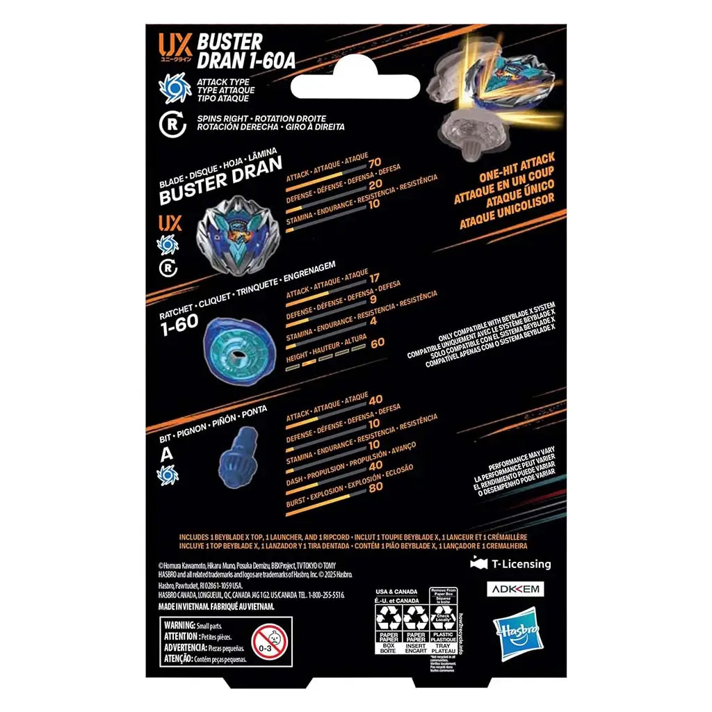 Back of Beyblade X Buster Dran 1-60A packaging listing blade, ratchet, and bit stats in multiple languages with orange graphics, part diagrams, and safety icons on a black card backing.
