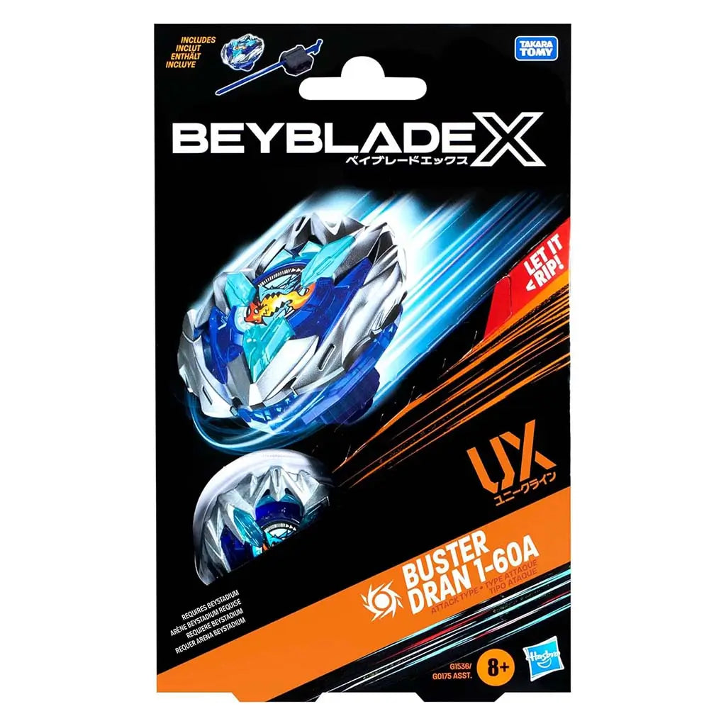 Front of Beyblade X Buster Dran 1-60A UX starter pack card showing the spinning top in motion with blue speed streaks, bold logo text, and orange corner panel indicating attack type and age rating.