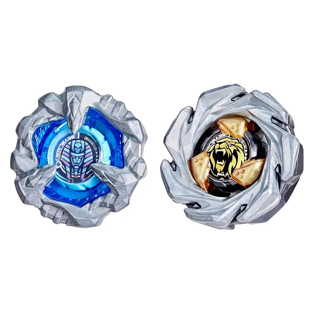 Beyblade X spinning tops feature silver textured plastic rings framing blue and gold cores shaped with sharp contours for dynamic battle play on a plain white background.