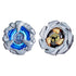 Beyblade X spinning tops feature silver textured plastic rings framing blue and gold cores shaped with sharp contours for dynamic battle play on a plain white background.
