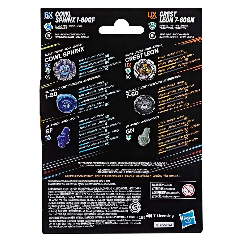 Beyblade X toy package back displays color-coded plastic components, stats charts, and assembly details arranged on a black background to guide players choosing attack or defense parts.