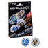 Beyblade X toy packaging shows silver and blue plastic tops with angular forms highlighting attack and defense themes against a black card backdrop with product stats and branding details.