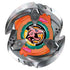 Beyblade X Gill Shark top with silver bladed ring, orange and pink translucent plastic core and fierce shark emblem centered on green disc displayed from overhead against clean white background.