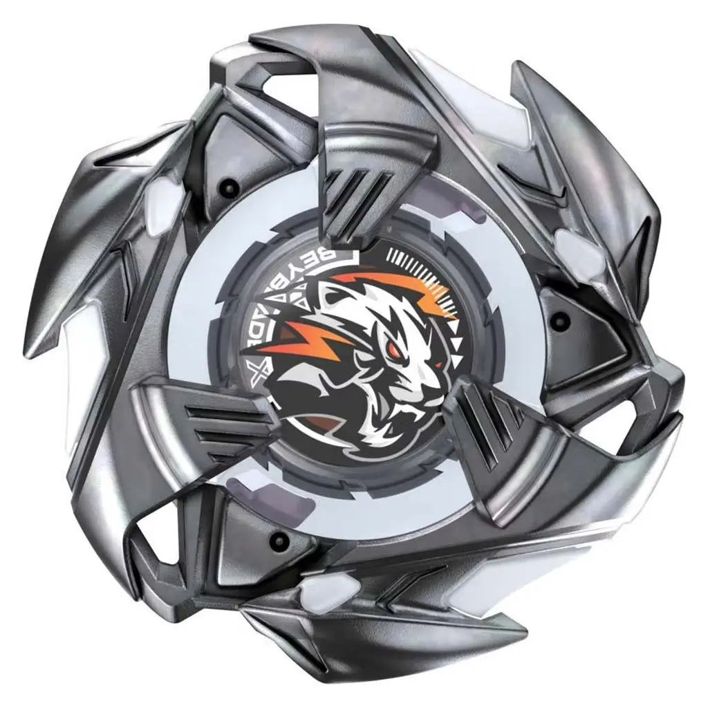 Beyblade X Pearl Tiger top with silver angular armor ring, white and orange accents and roaring tiger emblem centered on circular core shown from overhead on plain white background.