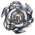 Beyblade X Pearl Tiger top with silver angular armor ring, white and orange accents and roaring tiger emblem centered on circular core shown from overhead on plain white background.