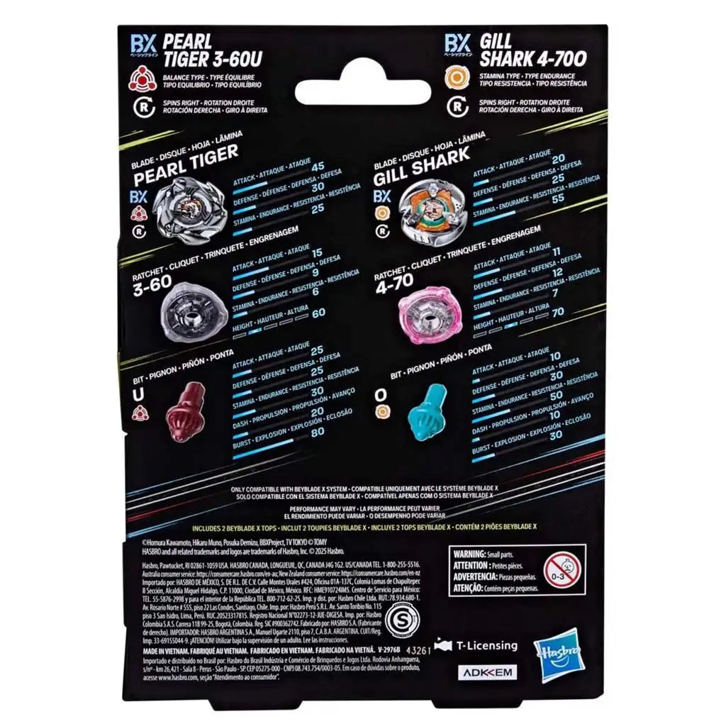 Beyblade X dual pack package back listing Pearl Tiger 3-60U and Gill Shark 4-700 parts, stats and component images on black card with multilingual details and safety warnings.