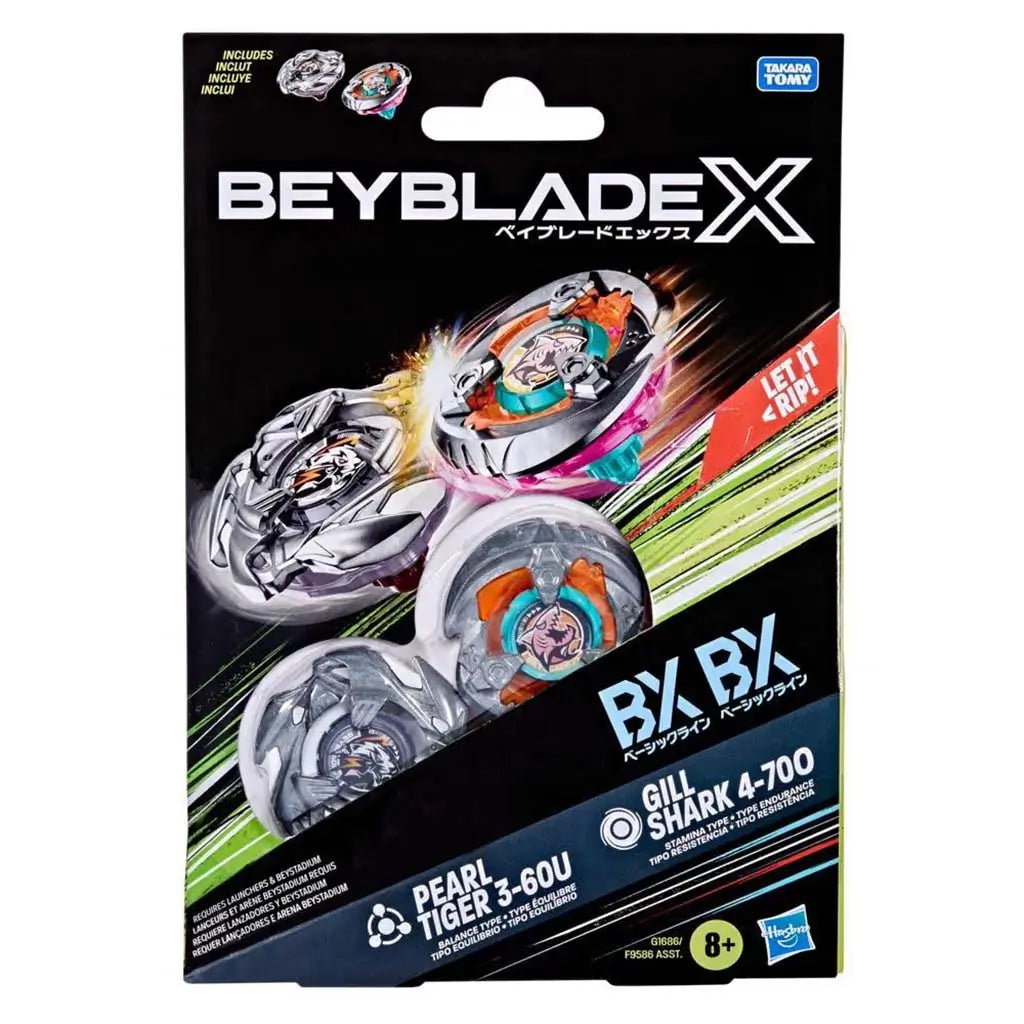 Beyblade X dual pack front card showing Pearl Tiger and Gill Shark tops in mid-battle artwork with bright streak effects, age label and Takara Tomy branding on black background.