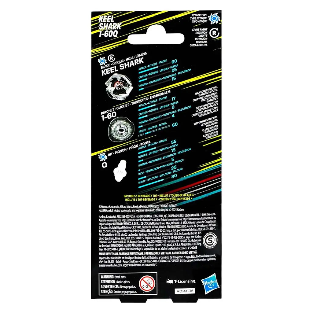 Back of Keel Shark package lists attack, defense and stamina stats with part diagrams on a black background accented by yellow and blue streaks guiding component selection.
