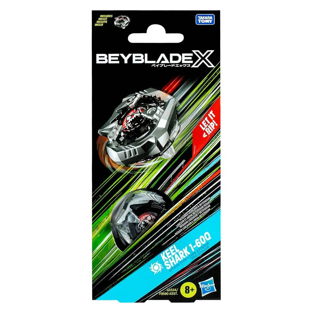 Keel Shark booster front features the silver and black top spinning with red highlights across a dark backdrop filled with bright angled streaks, clearly showing attack theme and included parts.