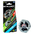 Keel Shark Beyblade X packaging shows silver and black plastic top with angular shark-like armor around a red core on a black card background streaked with neon lines highlighting attack play.