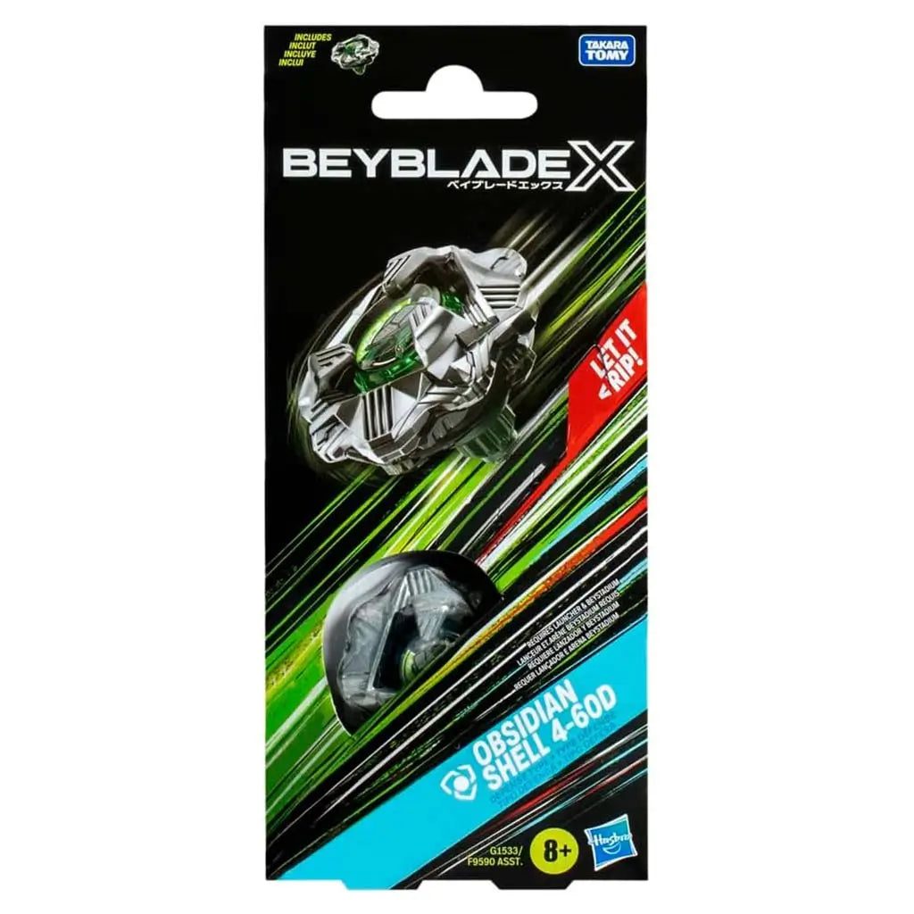 Obsidian Shell booster front shows the silver armored top spinning with green highlights across a black backdrop streaked with bright colors, clearly presenting the defensive theme and included components.