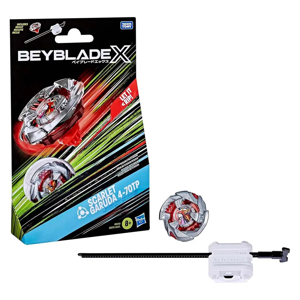 Beyblade X Scarlet Garuda 4-70TP Starter Pack by Takara Tomy showing metallic red and silver spinning top, launcher, and colorful streaked packaging design with bold “Let It Rip!” text.
