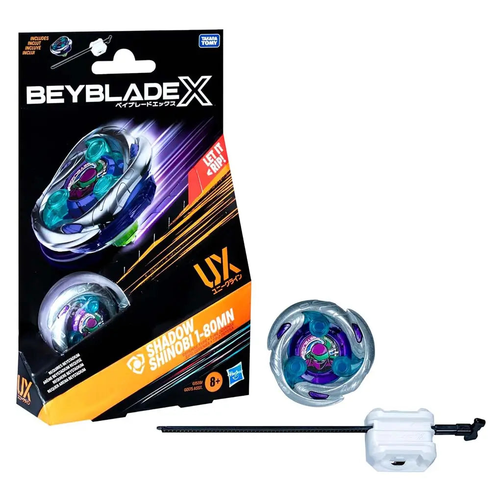 Beyblade X Shadow Shinobi 1-80MN starter pack featuring a silver and purple top with teal accents, a white launcher, and bold black-and-orange packaging displayed on a clean white background for clarity.